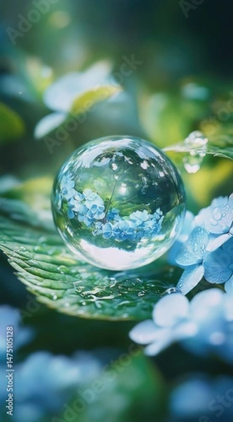 Fototapeta Crystal orb reflecting blue flowers on a leaf