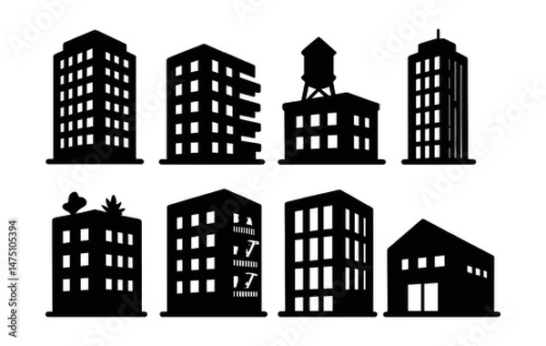 Obraz Urban architecture silhouette icons set – modern, building and cityscape graphics
