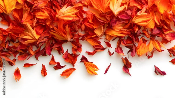 Fototapeta A vibrant and natural display of dried safflower petals in bright orange-red, scattered across a white background, emphasizing their fine texture and striking color.