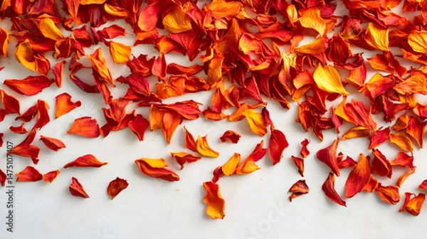 Fototapeta A vibrant arrangement of dried safflower petals in vivid orange-red, scattered across a white surface, capturing their rich textures and natural beauty.