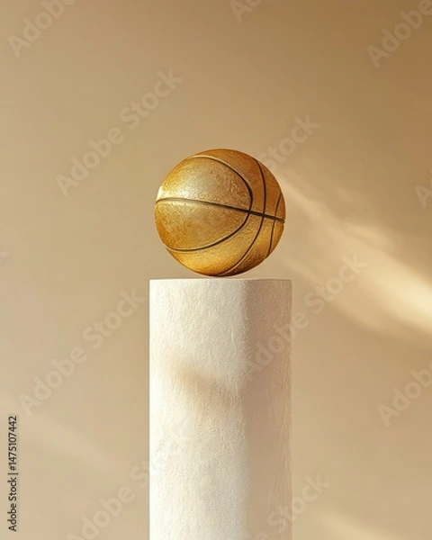 Obraz Golden basketball delicately balanced atop a minimalist, off-white pedestal against a muted beige backdrop