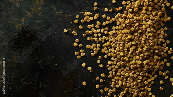 Fototapeta A vibrant arrangement of whole fenugreek seeds in soft yellow hues, showcasing their natural, irregular shapes and earthy texture against a dark backdrop.
