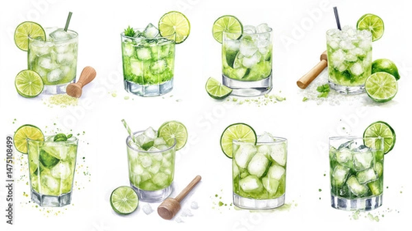 Fototapeta Caipirinha cocktail variations with lime slices, crushed ice and wooden muddlers. Watercolor illustration collection isolated on white background. Classic Brazilian drink. 