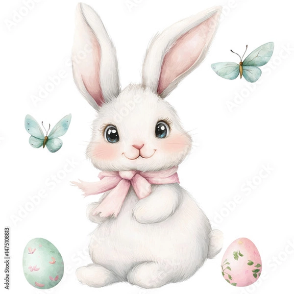 Obraz Cute bunny with butterflies and pastel eggs in a whimsical style