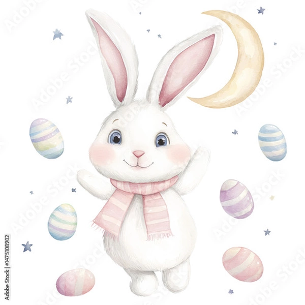 Obraz Cute Cartoon Bunny with Easter Eggs and Moon in Night Sky
