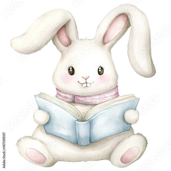 Obraz Cute Cartoon Bunny Reading a Book with Pastel Colors and Happy Vibes