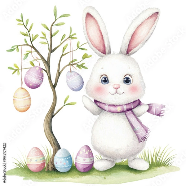 Obraz Cute cartoon bunny with pastel eggs and tree for Easter celebration