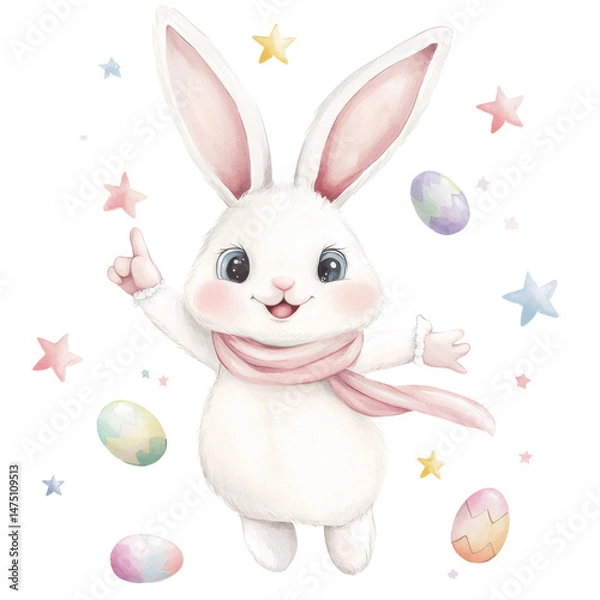 Obraz Adorable cartoon bunny with pastel stars and colorful eggs