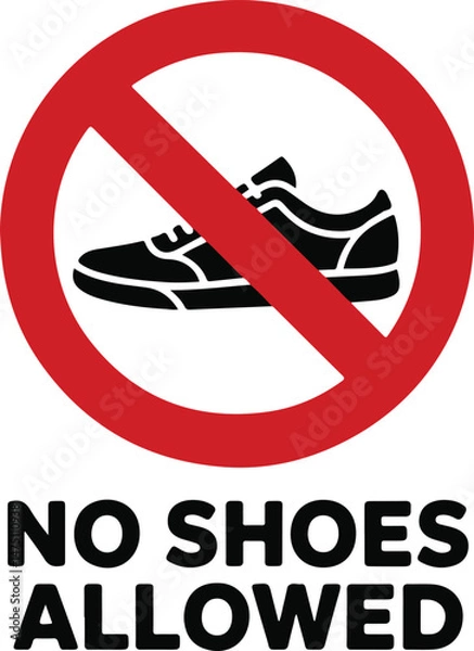 Fototapeta No Shoes Sign Minimalist vector shoes black silhouette with laces and red slash, highlighting cleanliness and rules in a restricted design