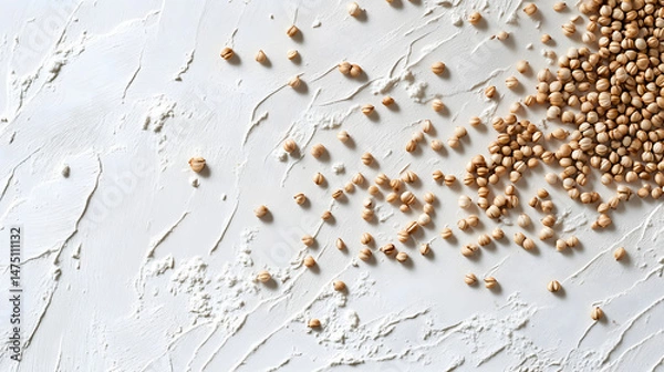 Fototapeta Whole buckwheat grains in light brown, scattered on a white surface, emphasizing their natural shape and texture.