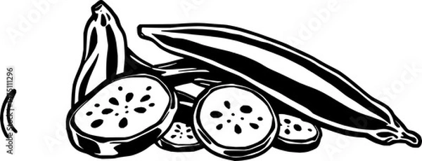 Obraz Sliced Okra and Banana A Black And White Illustration