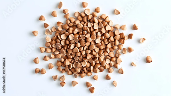 Fototapeta Whole buckwheat grains in light brown, scattered on a white surface, emphasizing their natural shape and texture.