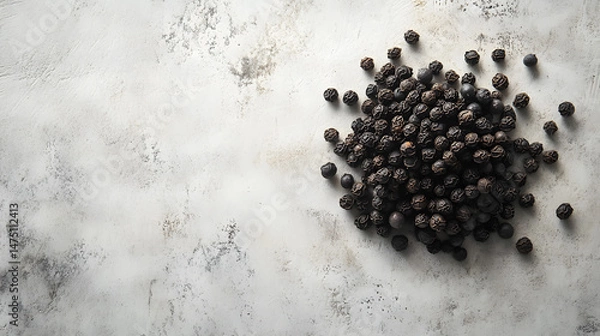 Fototapeta Whole cubeb peppercorns arranged in a loose cluster on a white surface, their dark gray color and rough texture creating a unique visual appeal.