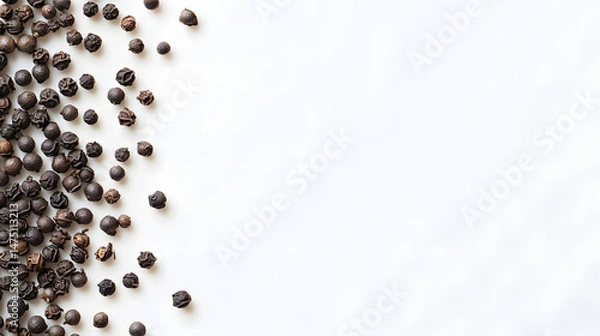 Fototapeta Scattered dark gray whole cubeb peppercorns across a white surface, emphasizing their irregular shapes and bold texture.