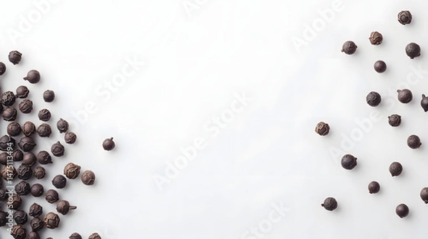 Fototapeta Whole cubeb peppercorns in dark gray, arranged randomly across a white background, their textured surfaces catching the light.