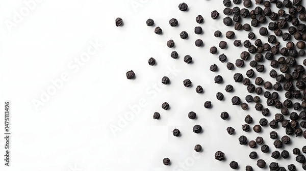 Fototapeta Whole cubeb peppercorns arranged in a symmetrical pattern, dark gray and contrasting against the smooth white background, highlighting their natural form.