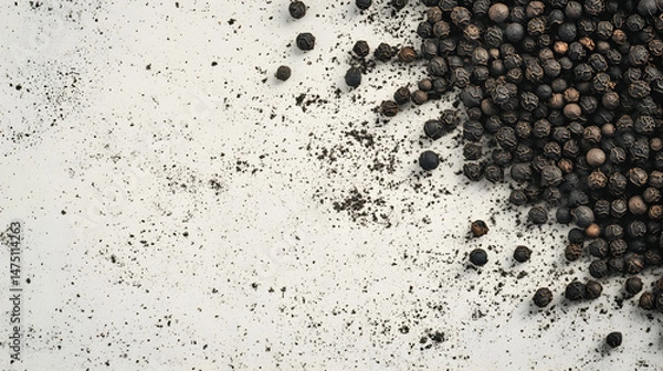 Fototapeta A scattered arrangement of whole cubeb peppercorns in dark gray, their irregular shapes and earthy appearance creating a visually intriguing pattern.