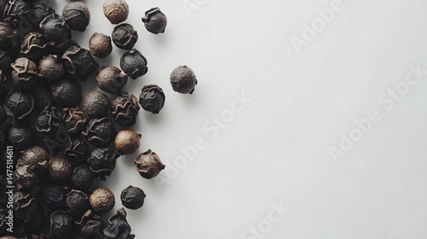 Fototapeta A small group of whole cubeb peppercorns in dark gray, placed on a clean white background, emphasizing their rough, textured exterior and dark hue.