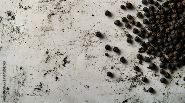 Fototapeta Whole cubeb peppercorns arranged in a symmetrical pattern, dark gray and contrasting against the smooth white background, highlighting their natural form.