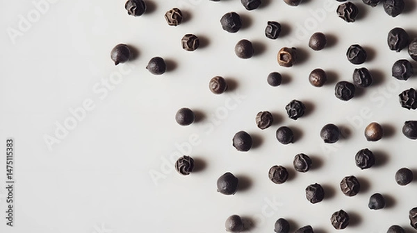 Fototapeta A small cluster of whole cubeb peppercorns, dark gray and rough, arranged on a white background to highlight their natural shape and texture.