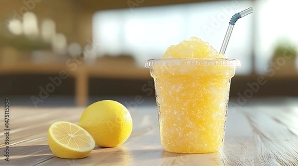 Obraz A frozen lemonade slushie in a clear plastic cup with a straw