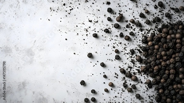 Fototapeta Scattered dark gray whole cubeb peppercorns across a white surface, emphasizing their irregular shapes and bold texture.