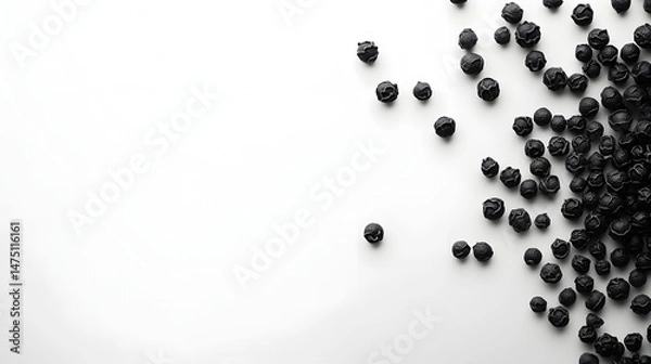 Fototapeta Whole cubeb peppercorns in dark gray, grouped together on a clean white background, showing their rough texture and natural form.