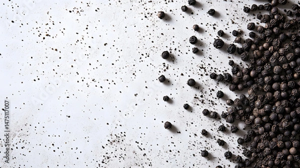 Fototapeta Whole cubeb peppercorns, dark gray in color, arranged neatly on a white surface, showcasing their unique form and rough texture in a natural setting.