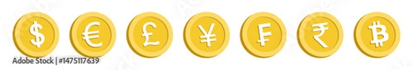 Fototapeta Golden coins with symbols of global currencies Dollar, Rupee, Euro, Yen, Pound, Franc, and Bitcoin. Ideal for finance, banking, forex, and cryptocurrency themes.