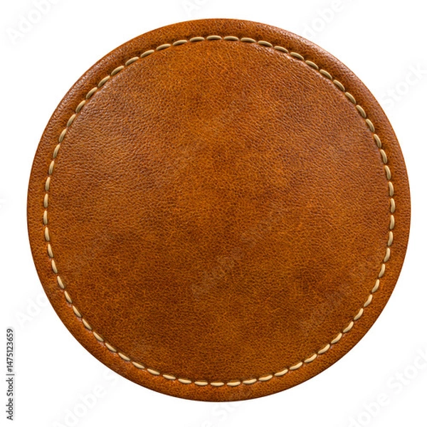 Obraz Brown Leather Circle Patch with Clean Stitch Border in 3D render with transparent background