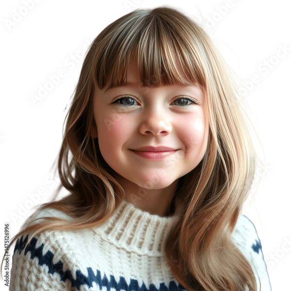 Fototapeta Smiling Caucasian Girl with a Cheerful Expression, Long Blonde Hair, in a Patterned Knit Sweater, Isolated on Transparent Background