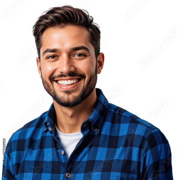 Fototapeta Smiling Man with a Cheerful Expression, Short Dark Brown Hair, in a Blue and Black Checkered Shirt, Isolated on Transparent Background
