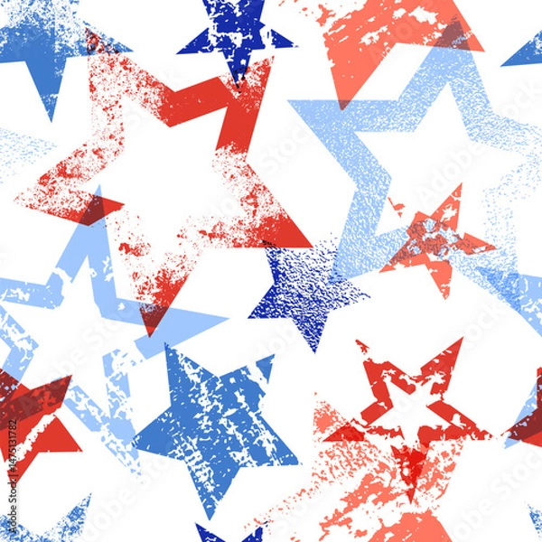 Fototapeta Red and blue stars with painted grunge texture. USA flag vector seamless pattern. American national holiday background