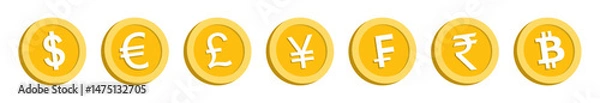 Fototapeta Golden coins with symbols of global currencies Dollar, Rupee, Euro, Yen, Pound, Franc, and Bitcoin. Ideal for finance, banking, forex, and cryptocurrency themes. Icons, vector.