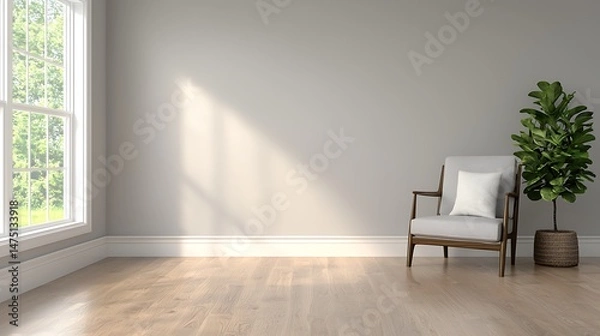 Fototapeta Sunlit Modern Interior: Armchair, Plant, and Window Creating a Minimalist Living Space with Bright Natural Light.
