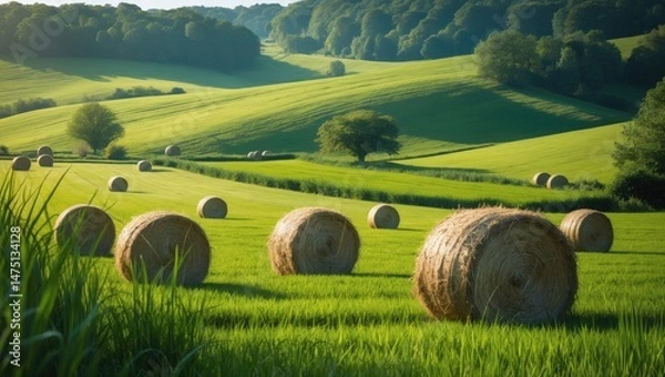 Fototapeta Summer scenery in Wisconsin featuring farm fields, round hay bales, and a natural landscape background