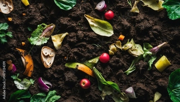 Fototapeta Composting kitchen scraps and vegetable waste into organic fertilizer earth through a vertical composting pile of decomposing organic matter