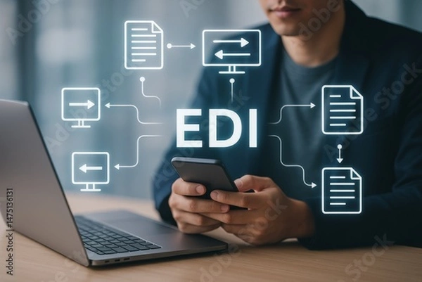 Obraz Person Using Smartphone with EDI Concept in Modern Workspace