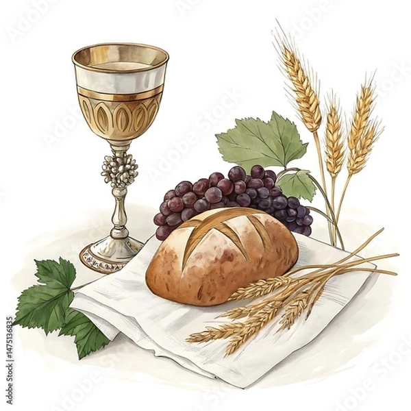 Obraz Holy Communion: Bread, Wine, Grapes & Wheat