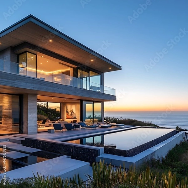 Fototapeta Twilight view from pool deck at luxury house high resolution picture