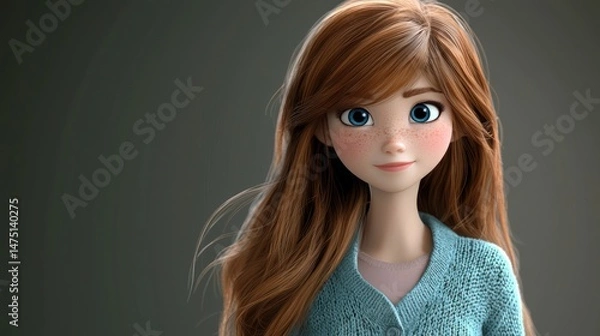Fototapeta Digital illustration of a girl with reddish-brown hair and light-blue eyes, soft features, and a gentle expression, wearing a light teal cardigan
