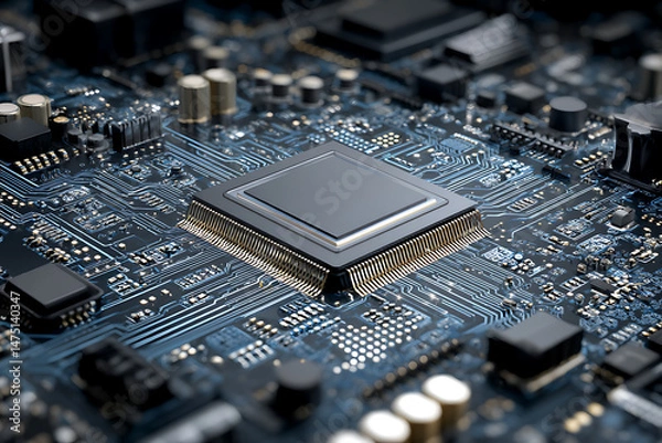 Fototapeta Closeup of Modern Microchip Inside Computer Motherboard  