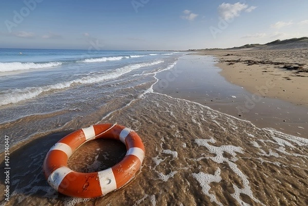 Fototapeta Lifesaver ring on sandy beach with calm waves under clear sky