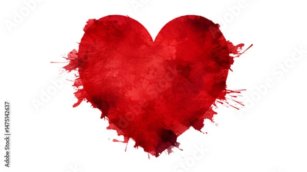 Fototapeta A red colored heart on a white background, painting with paints, a blob on white background.