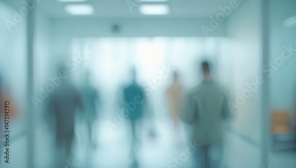 Fototapeta Modern healthcare interior with blurred figures and abstract blue pattern