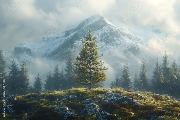 Obraz A scenic view of a mountain range with trees and clouds in the foreground