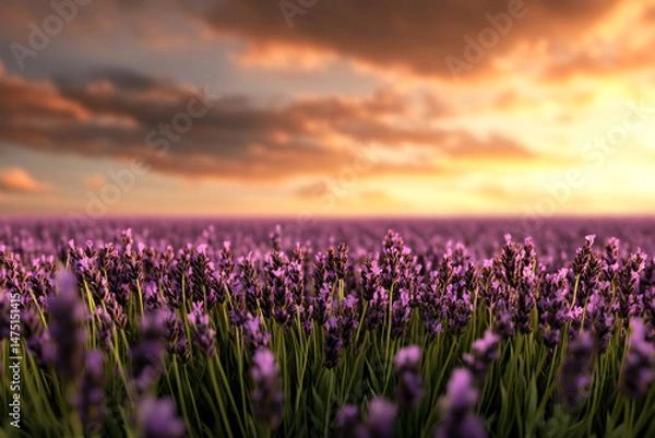 Fototapeta Endless lavender fields under a golden sunset sky with soft rolling clouds and glowing light on each flower head