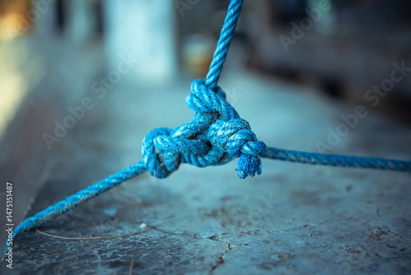 Obraz A close-up image showing the texture of braided blue rope tied into a knot. Great metaphor for business teamwork.
