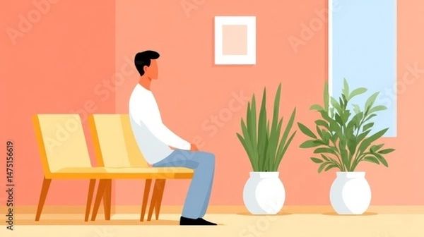 Fototapeta Calm Waiting Room with a Seated Man and Potted Plants Beneath Soft Natural Light