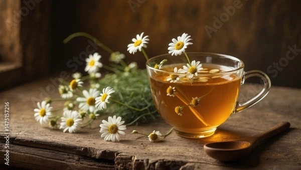 Fototapeta Natural Chamomile Tea in a Transparent Cup: A Bright and Fresh Morning Drink for Relaxation
